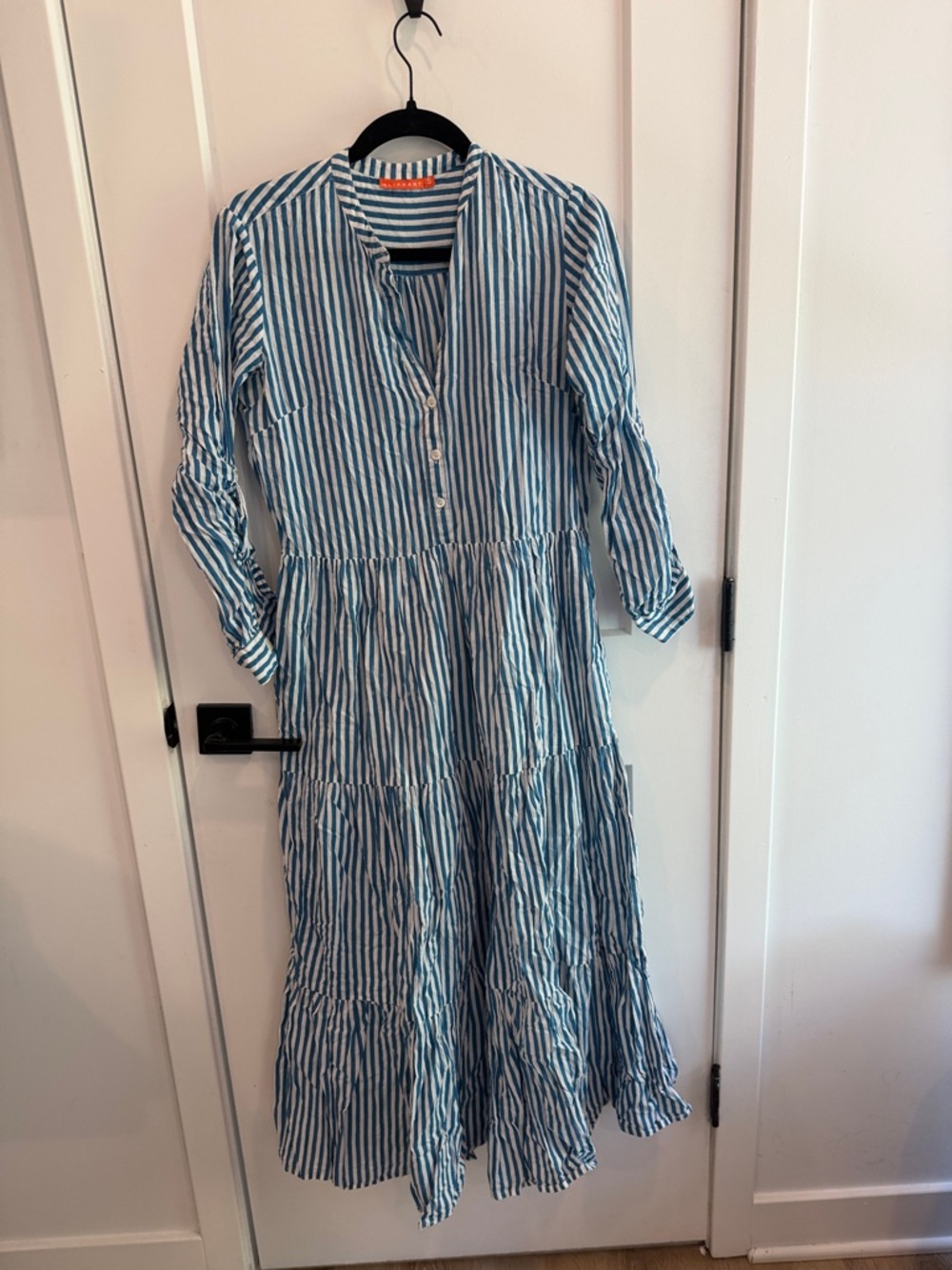 Oliphant Blue & White Striped Button-Front Tiered Maxi Dress